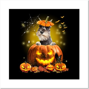 Grey Miniature Schnauzer Spooky Halloween Pumpkin Dog Head Posters and Art